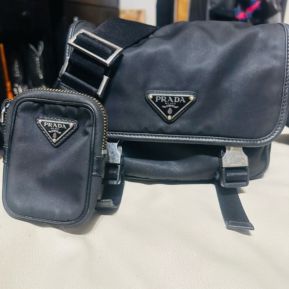 Prada Black Nylon Messenger Bag with Front Pouch